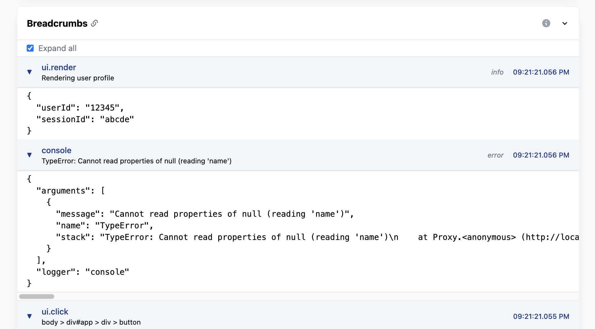 Vue error breadcrumb example in Telebugs to enhance exception handling