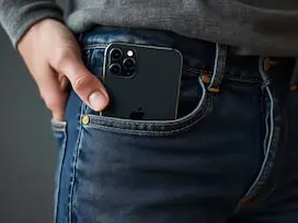 A mobile phone sticking out of a jeans pocket