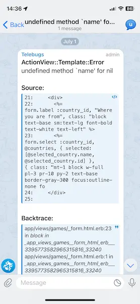 Telegram app showing an error reported by Telebugs