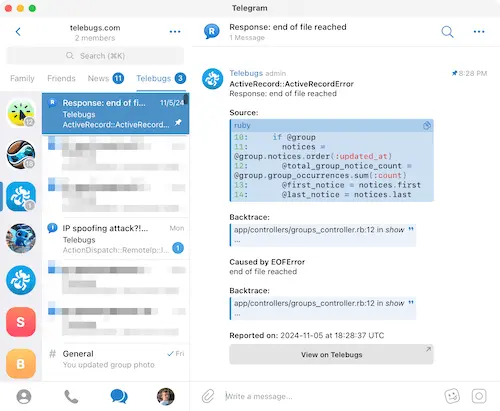Telegram window with a Telebugs project demonstrating an error report