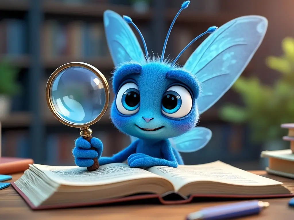 A telebug is sitting in front of a book while holding a magnifying glass