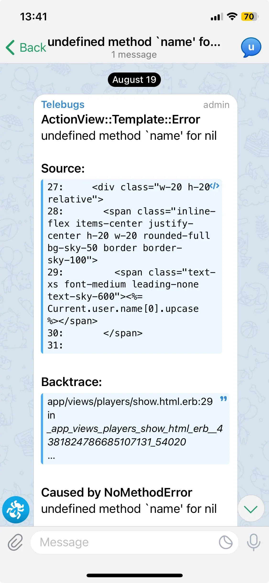 Telegram app showing an error reported by Telebugs