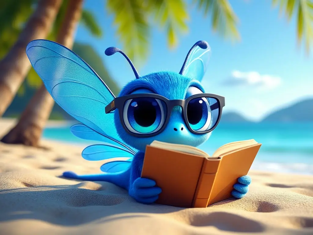 A telebug relaxing on the beach wearing glasses and reading a book