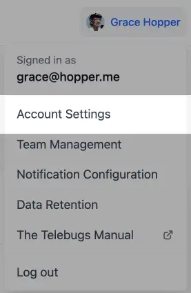 Account settings menu dropdown