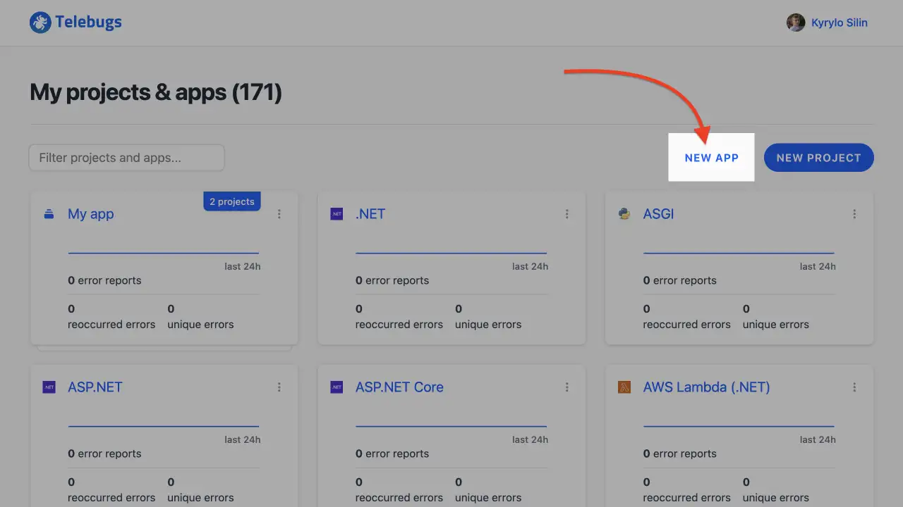 New App button in the projects dashboard