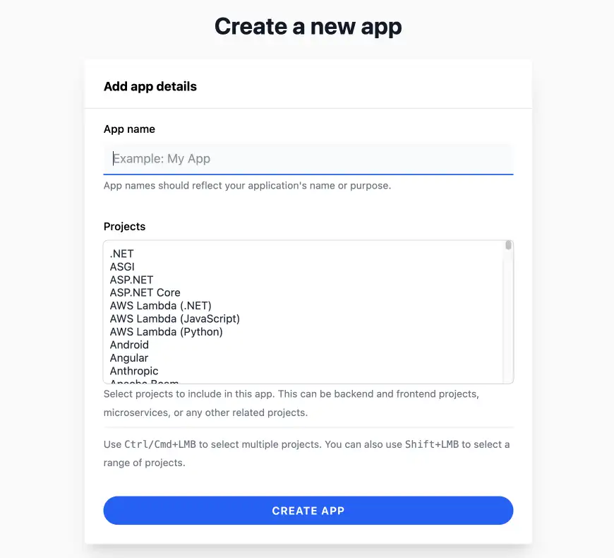 App creation form with name field