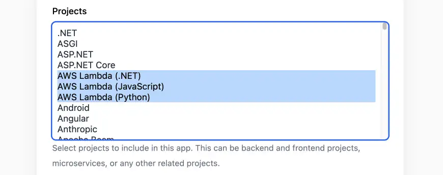 Project selection in app creation form