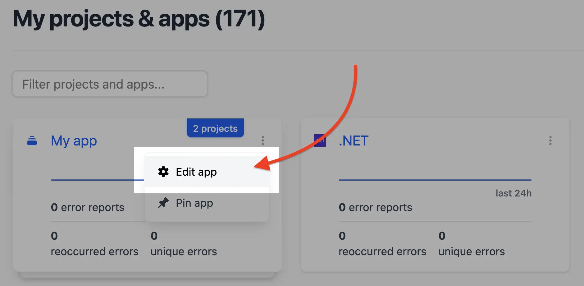Edit app option in dropdown
