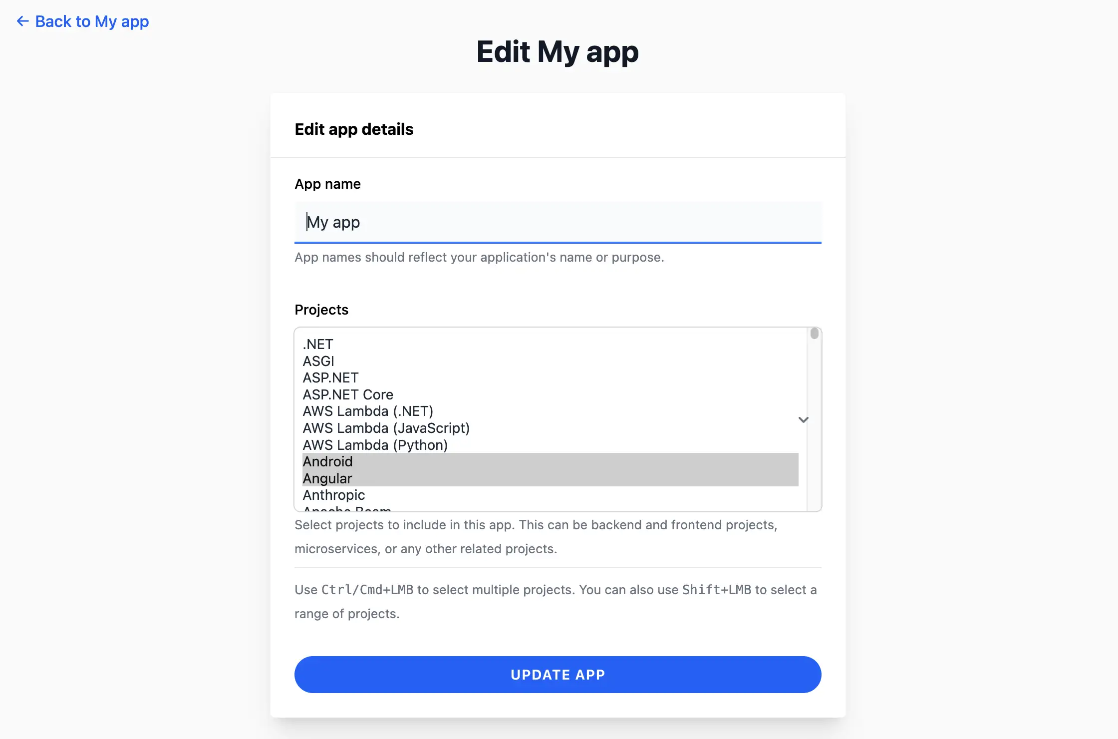 Edit app form