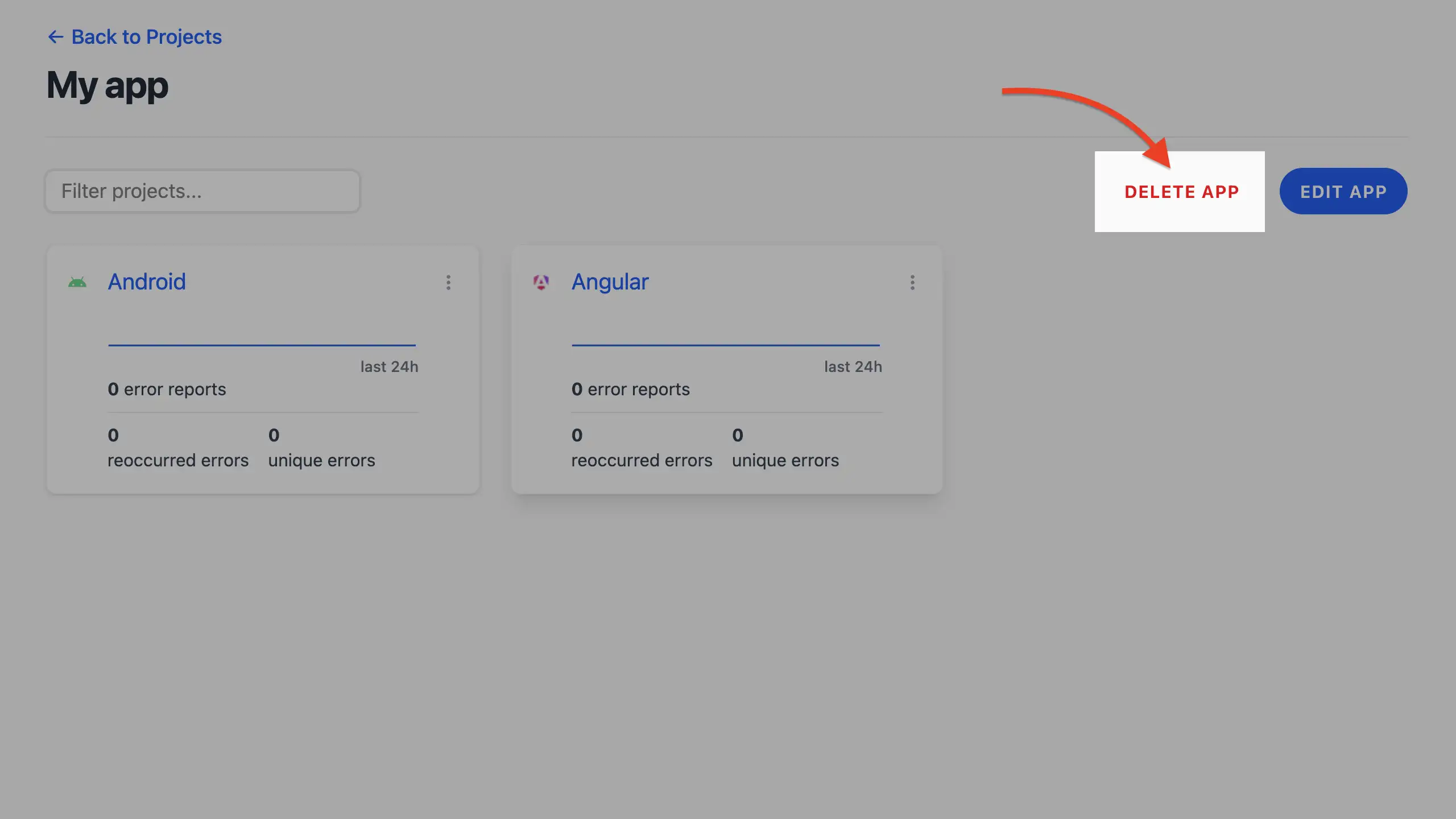 Delete app button in app view