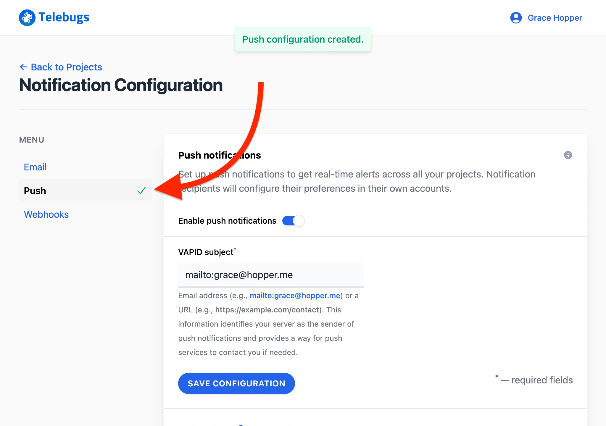 Push notification channel configured