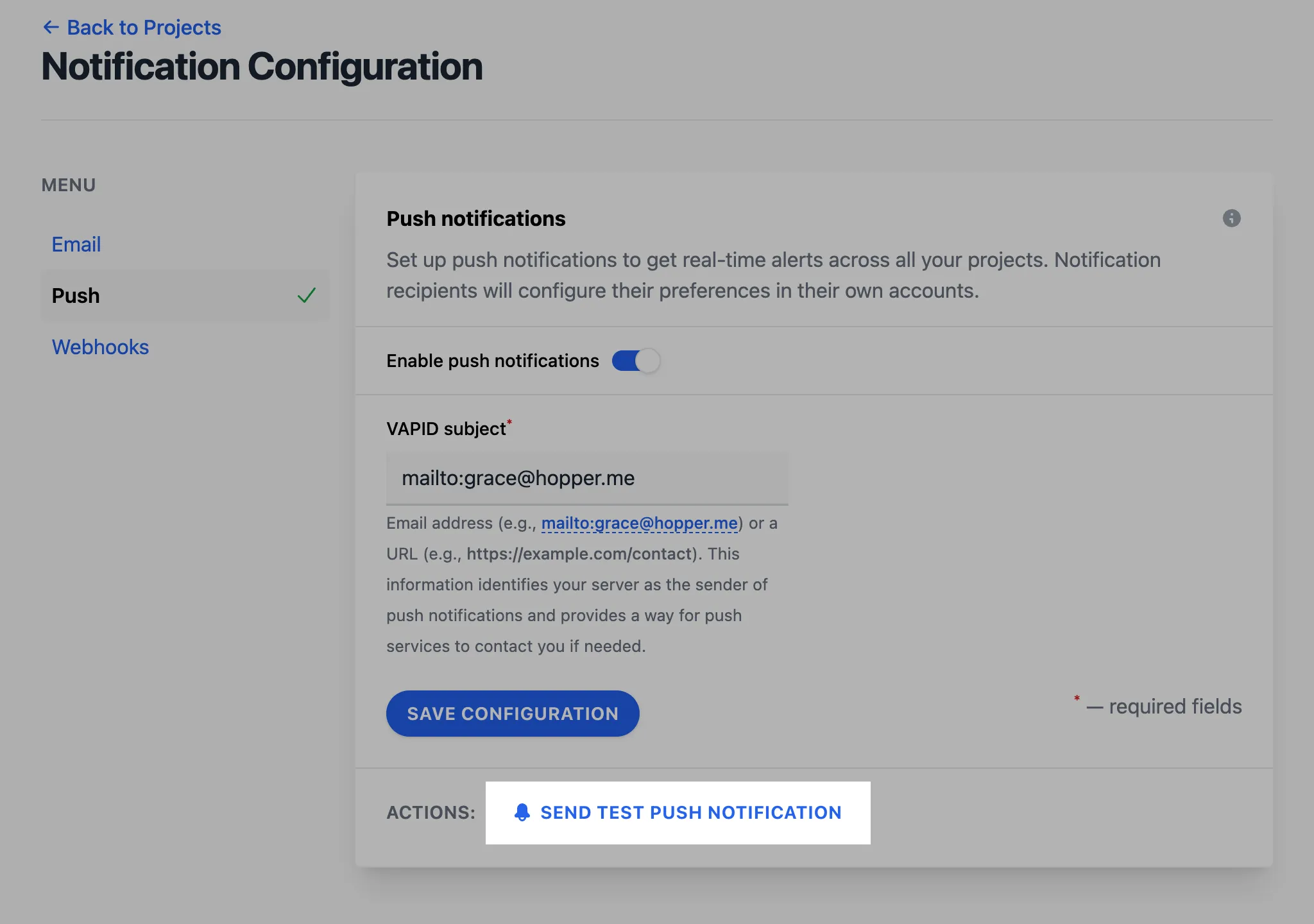 Send test push notification button