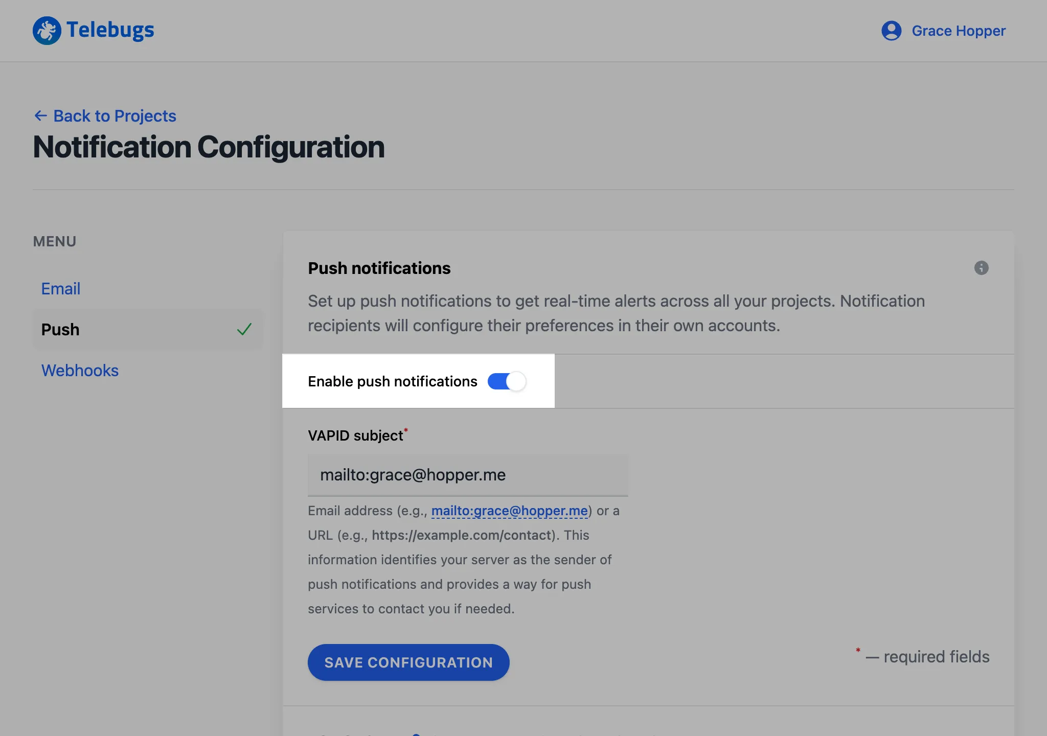 Enable push notifications toggle