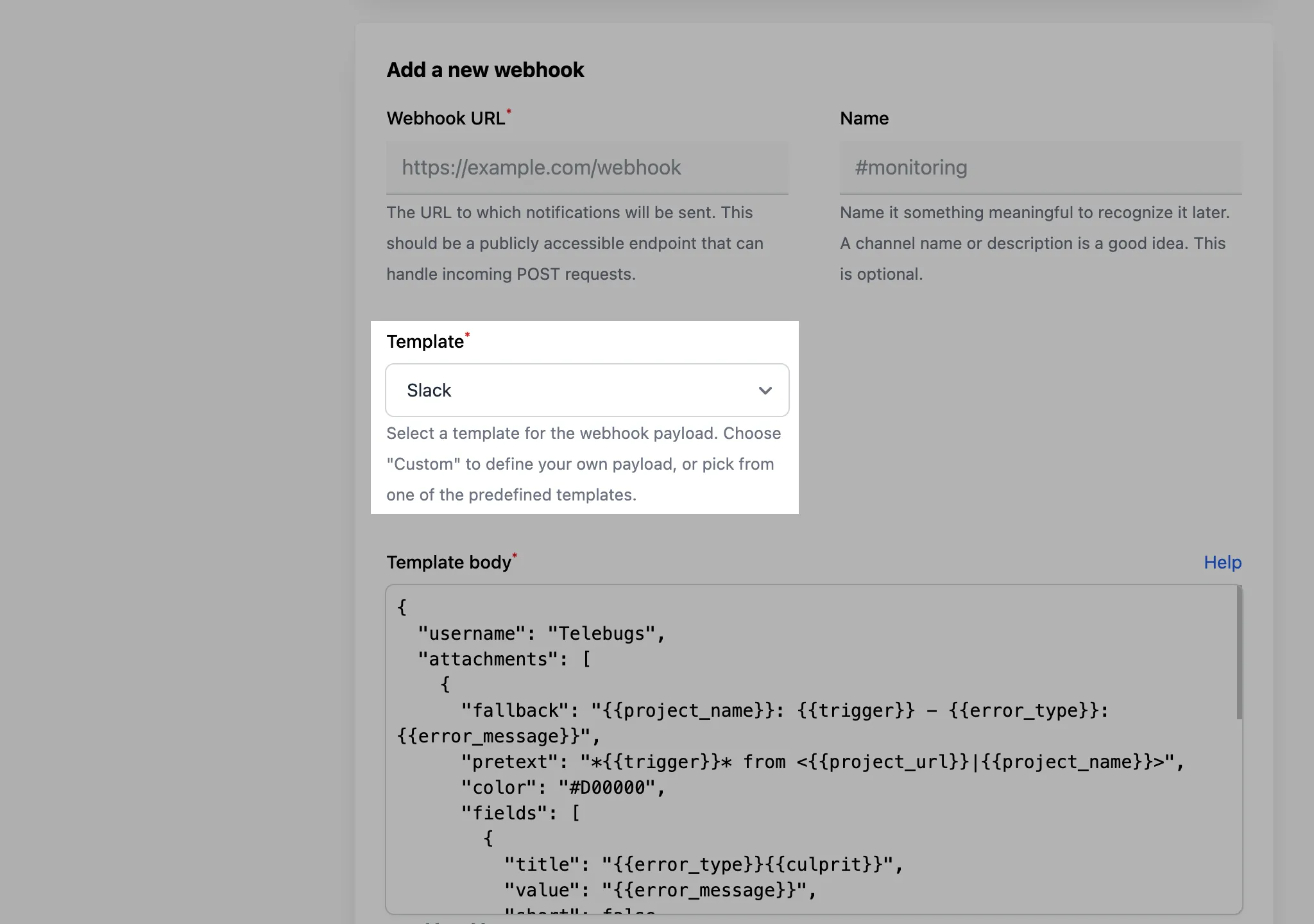 Select Slack template type