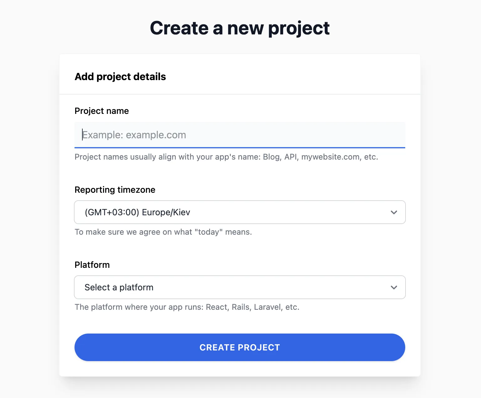 Create a new project form in Telebugs