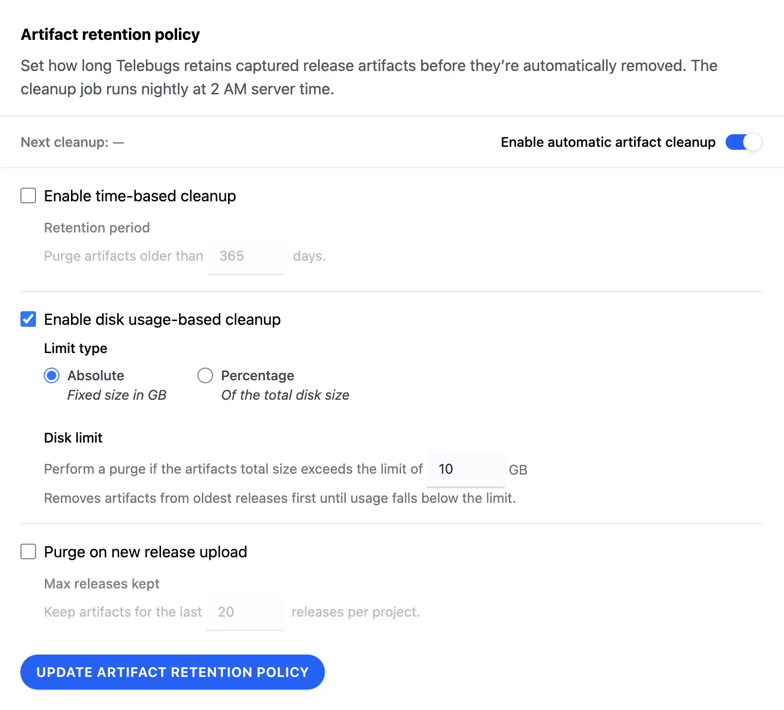 Artifact retention policy form