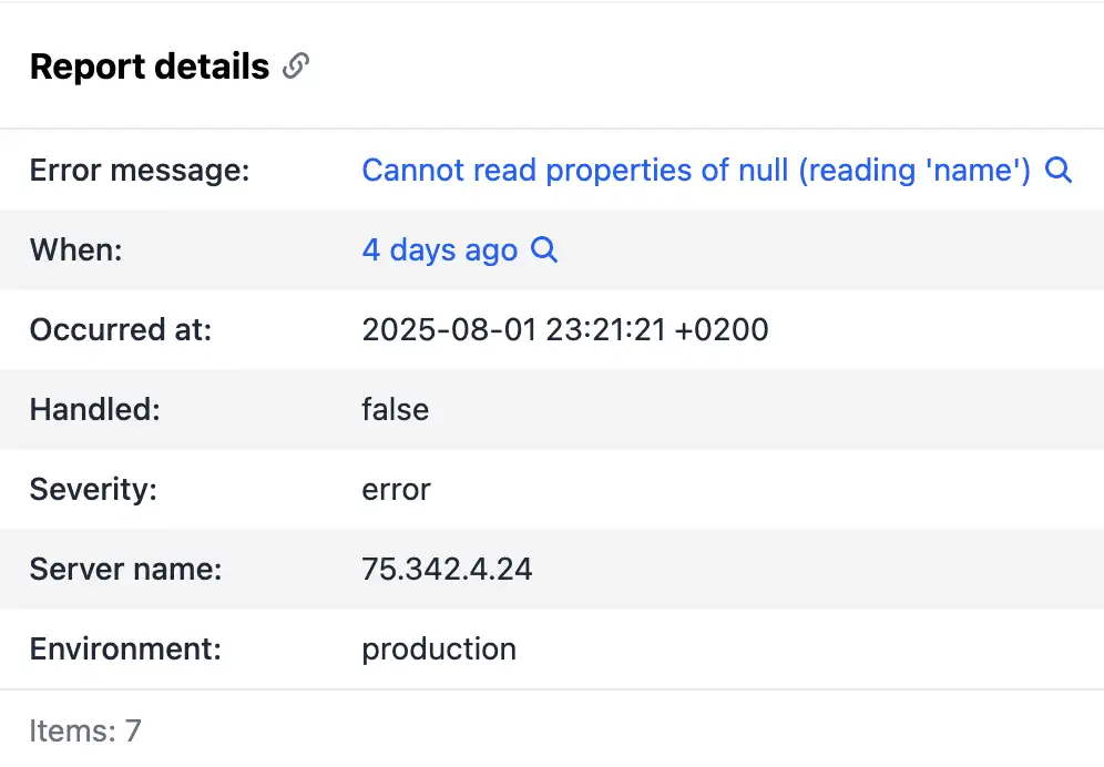 Report details section showing error message and timestamps