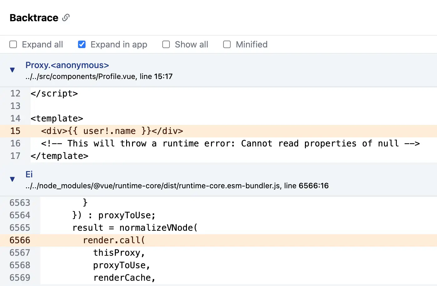 Backtrace with expanded frames and code snippets
