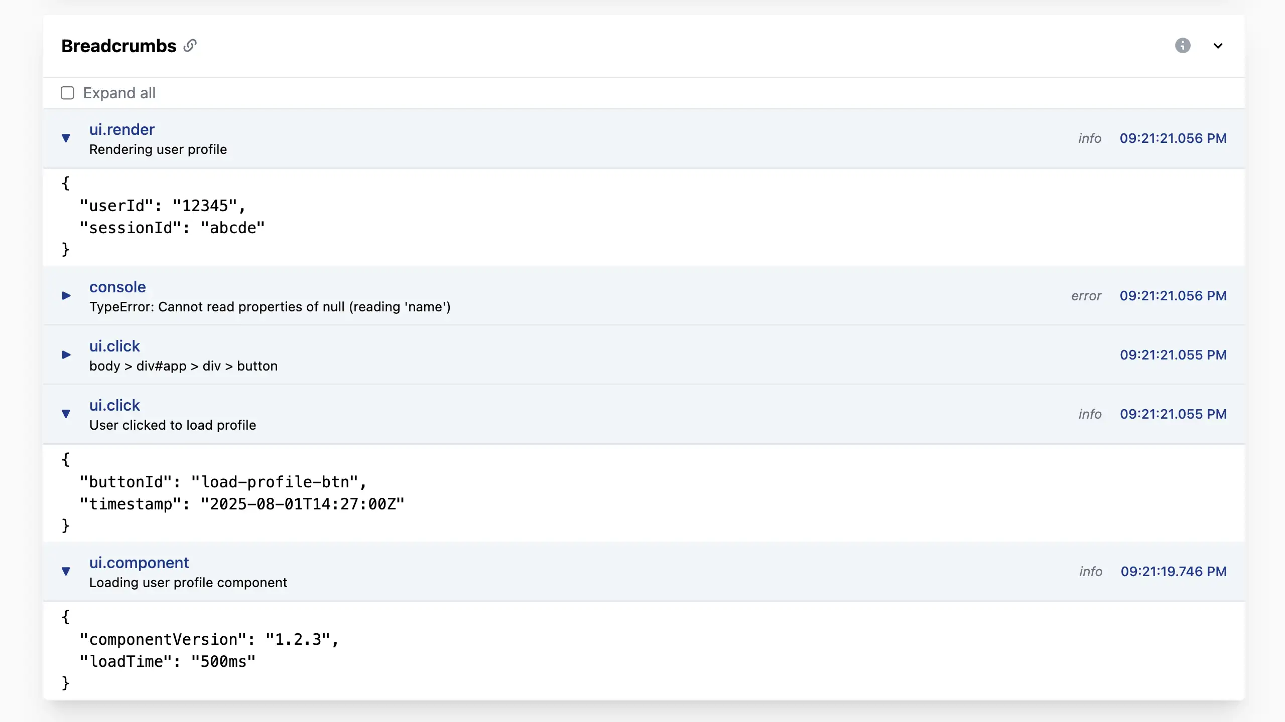Breadcrumbs timeline with expanded HTTP request