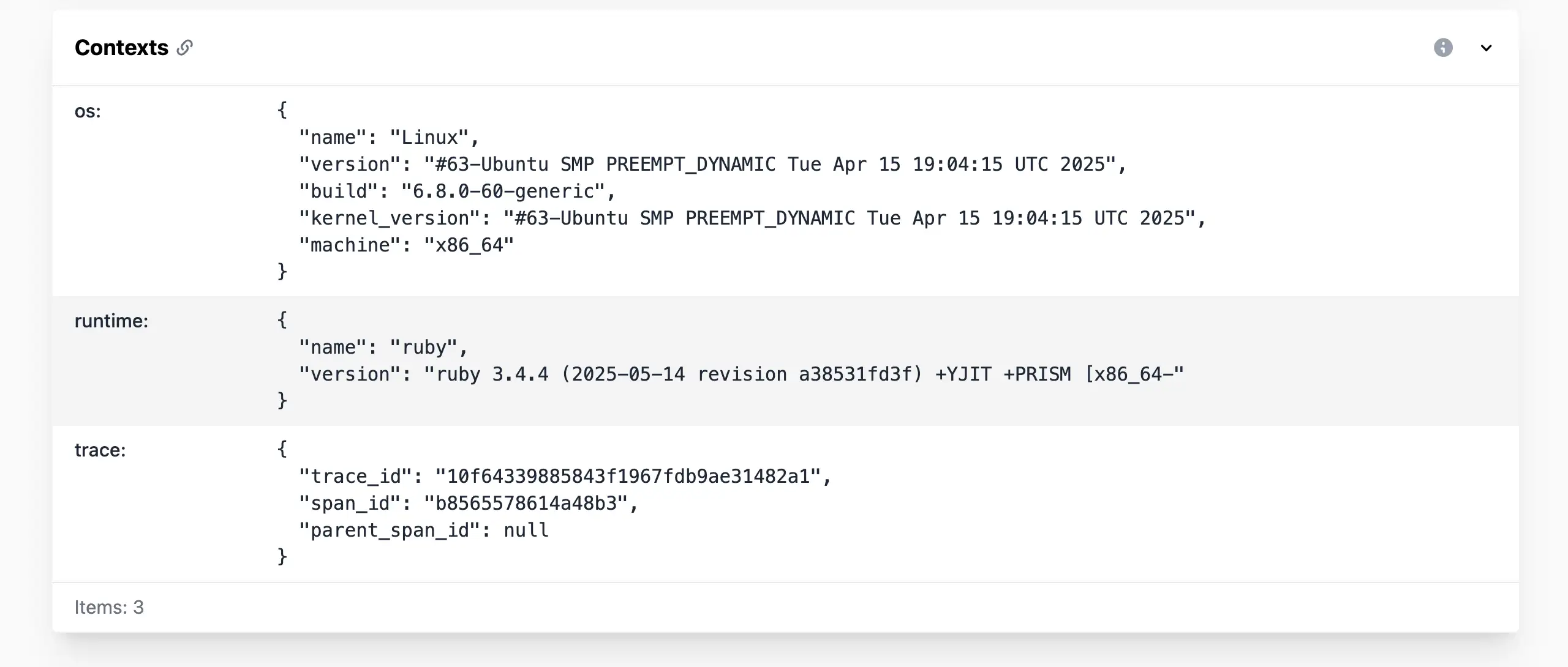 Contexts section with OS and runtime details