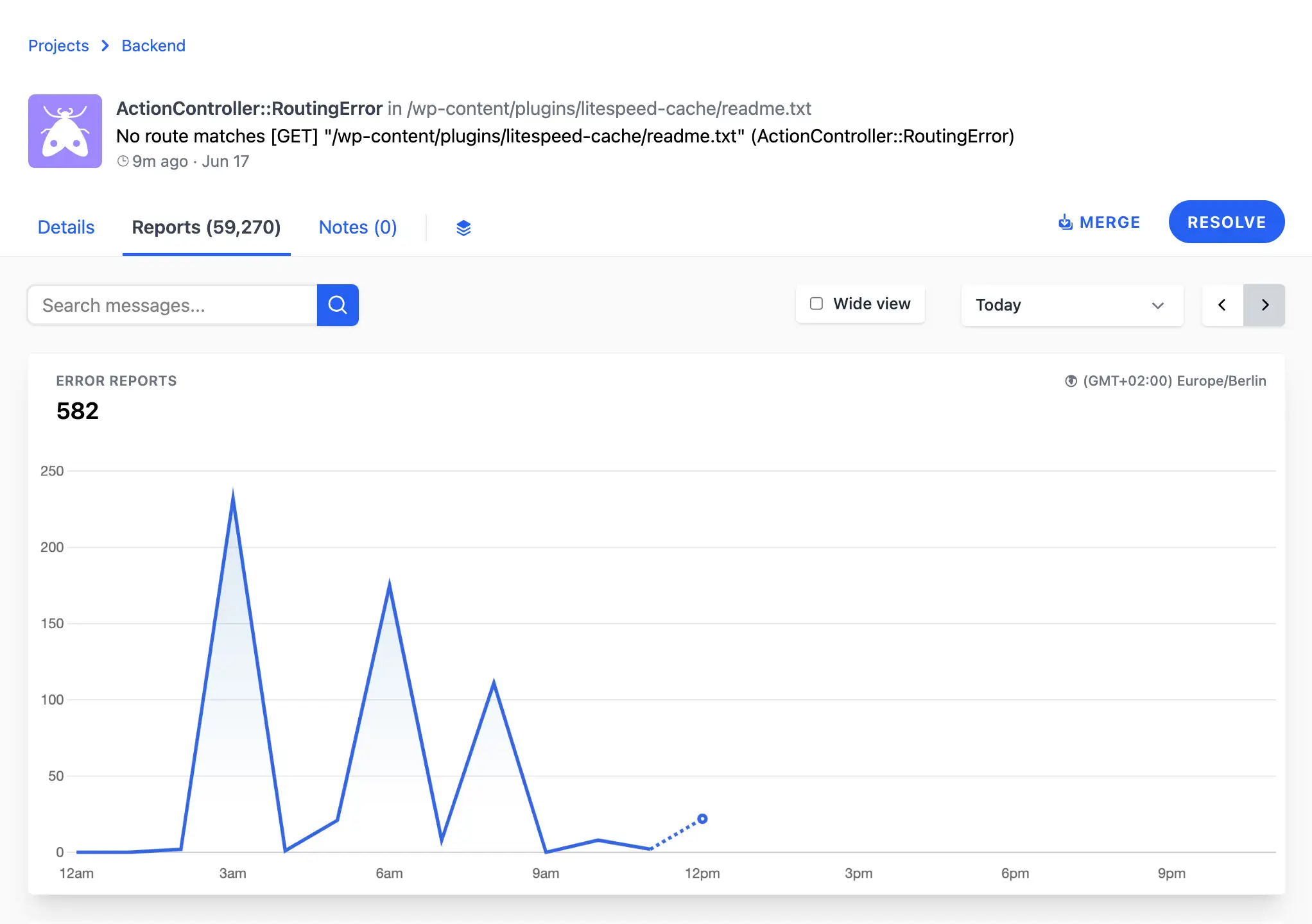 Example of grouped errors in the dashboard
