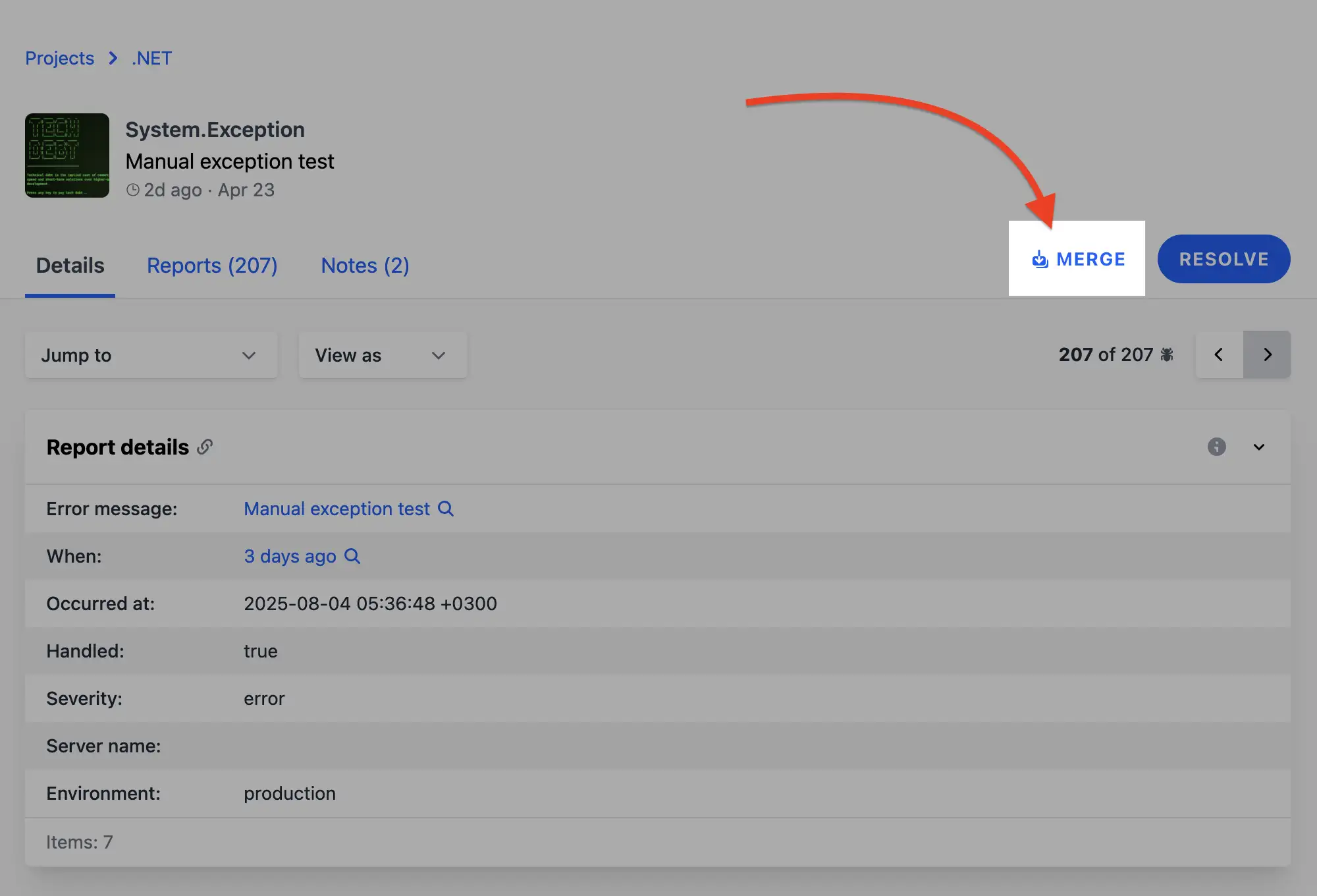 Merge errors button in Telebugs