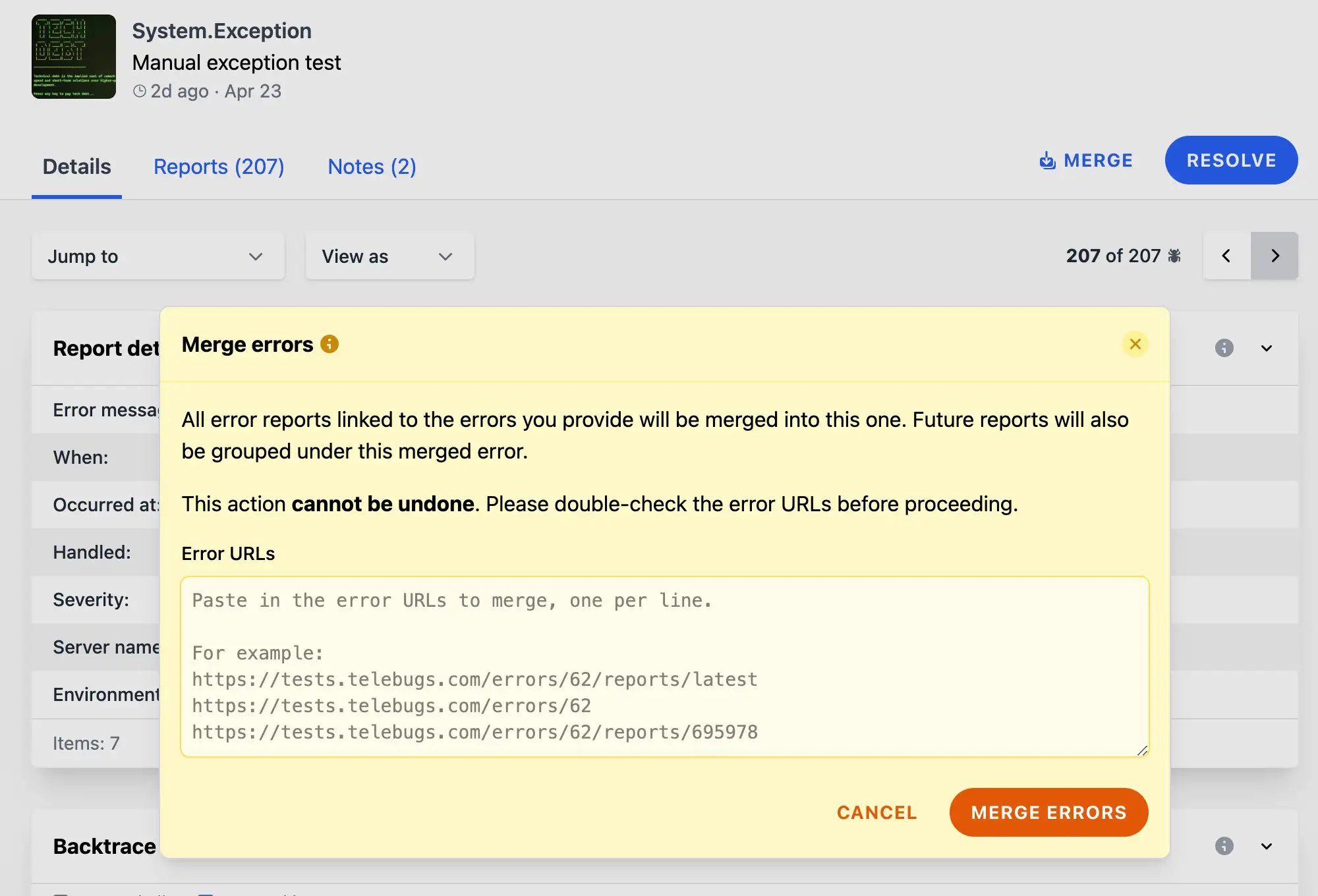 Merge errors dialog in Telebugs