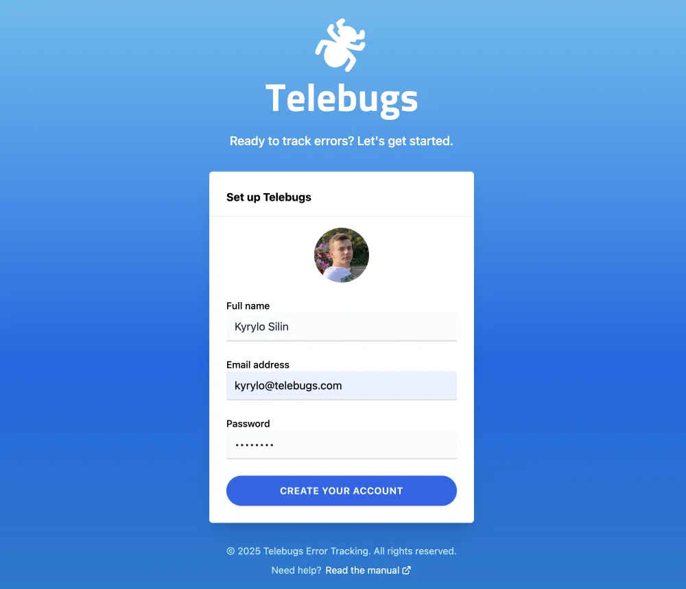 Telebugs setup screen (filled out form)