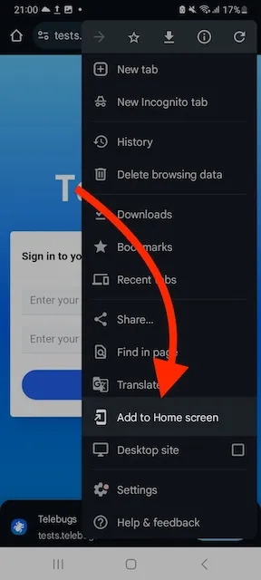 Installing Telebugs PWA on Android via browser menu