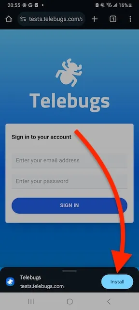 Installing Telebugs PWA on Android via automatic prompt