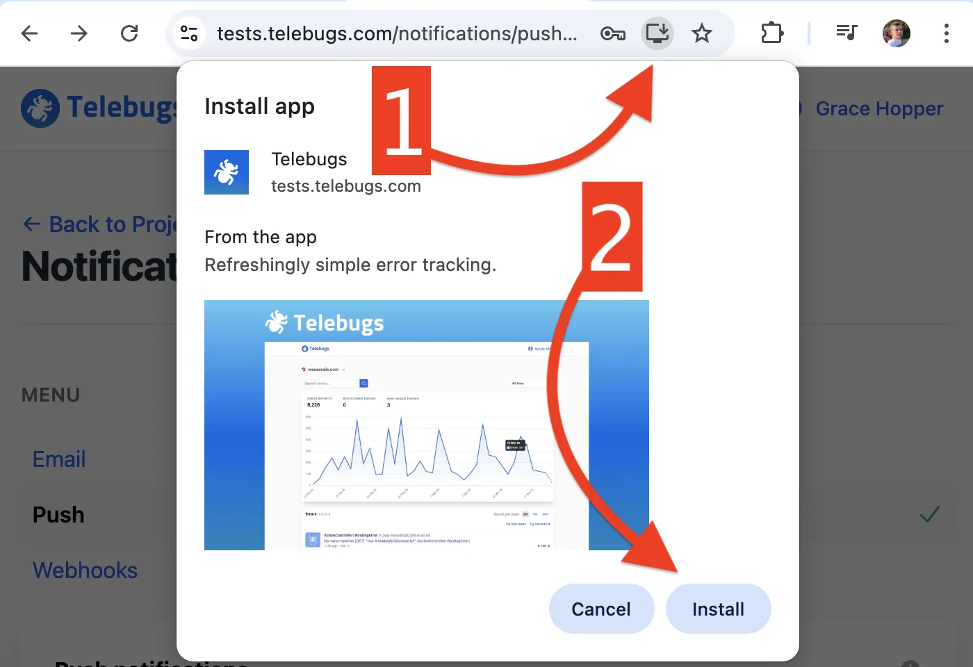 Installing Telebugs PWA on Chrome Desktop