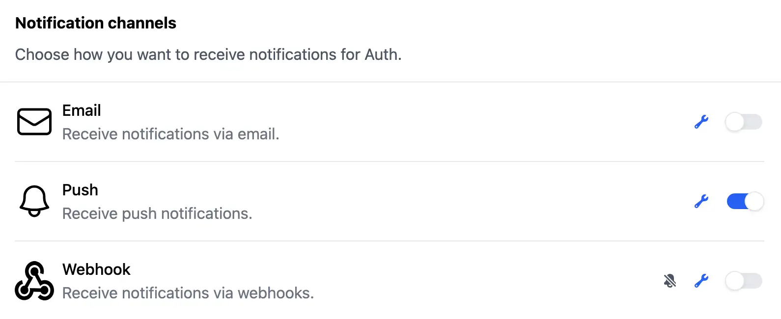 Notifications channels in Telebugs:
Email, Push, Webhooks