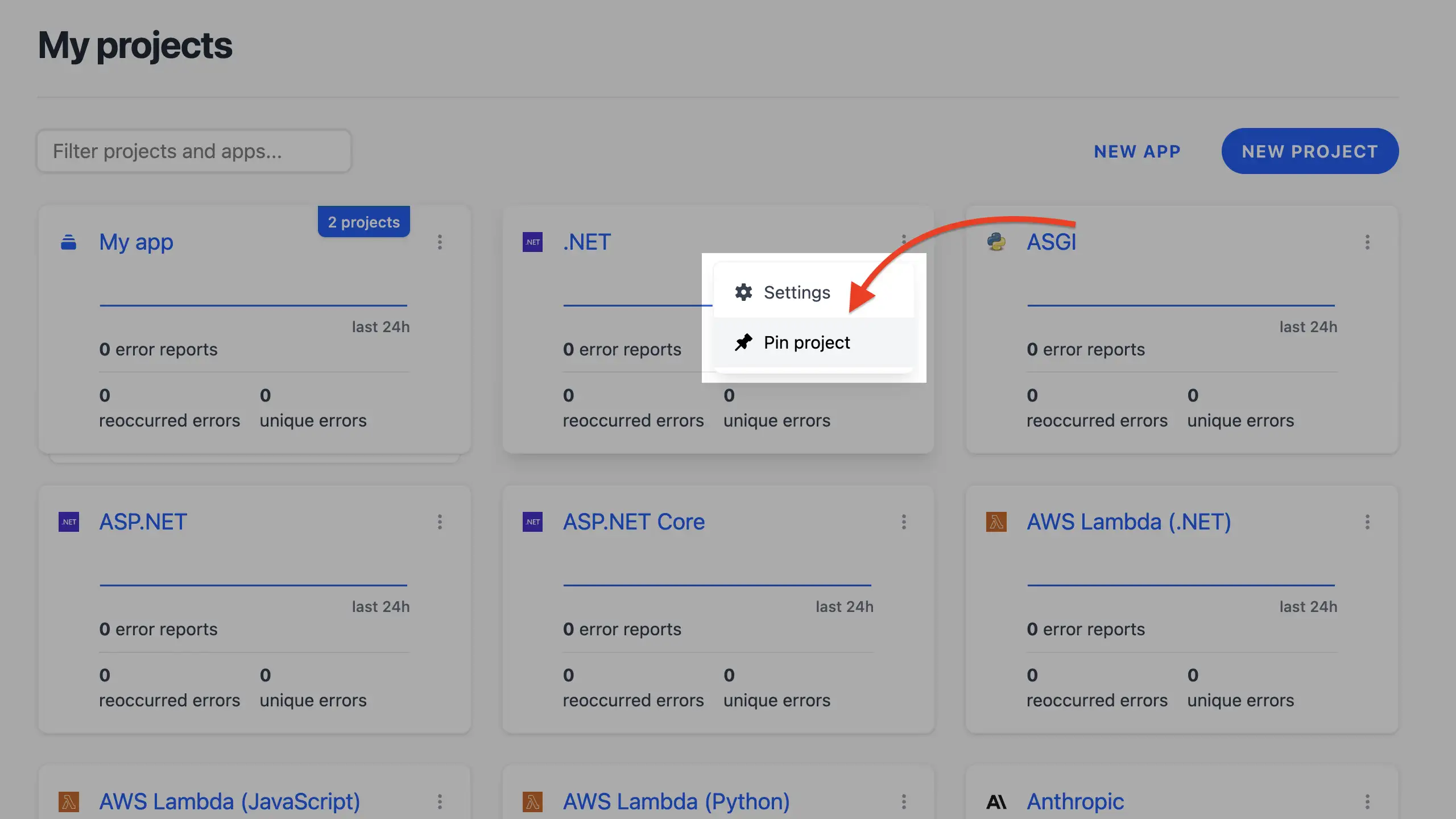 Pin/Unpin project option in dropdown