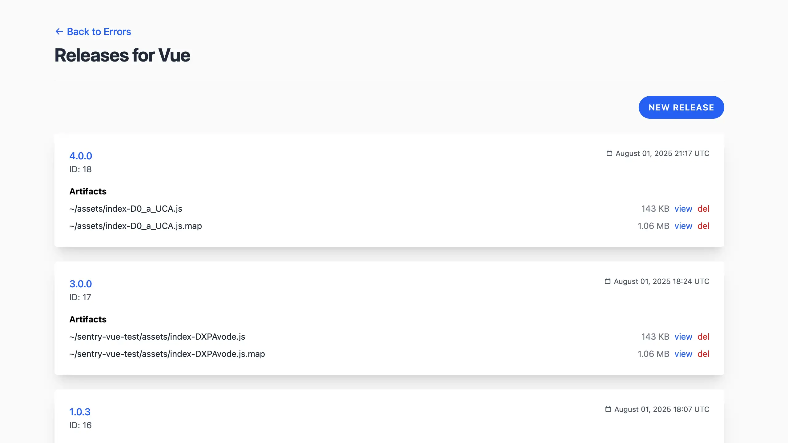 Releases index list with versions