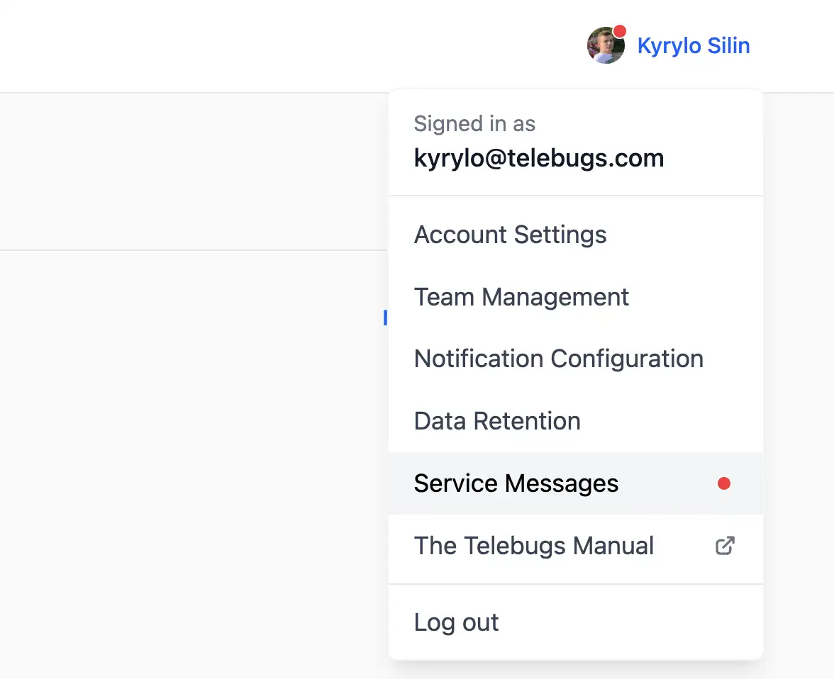 Service Message menu item in the dropdown with the red badge