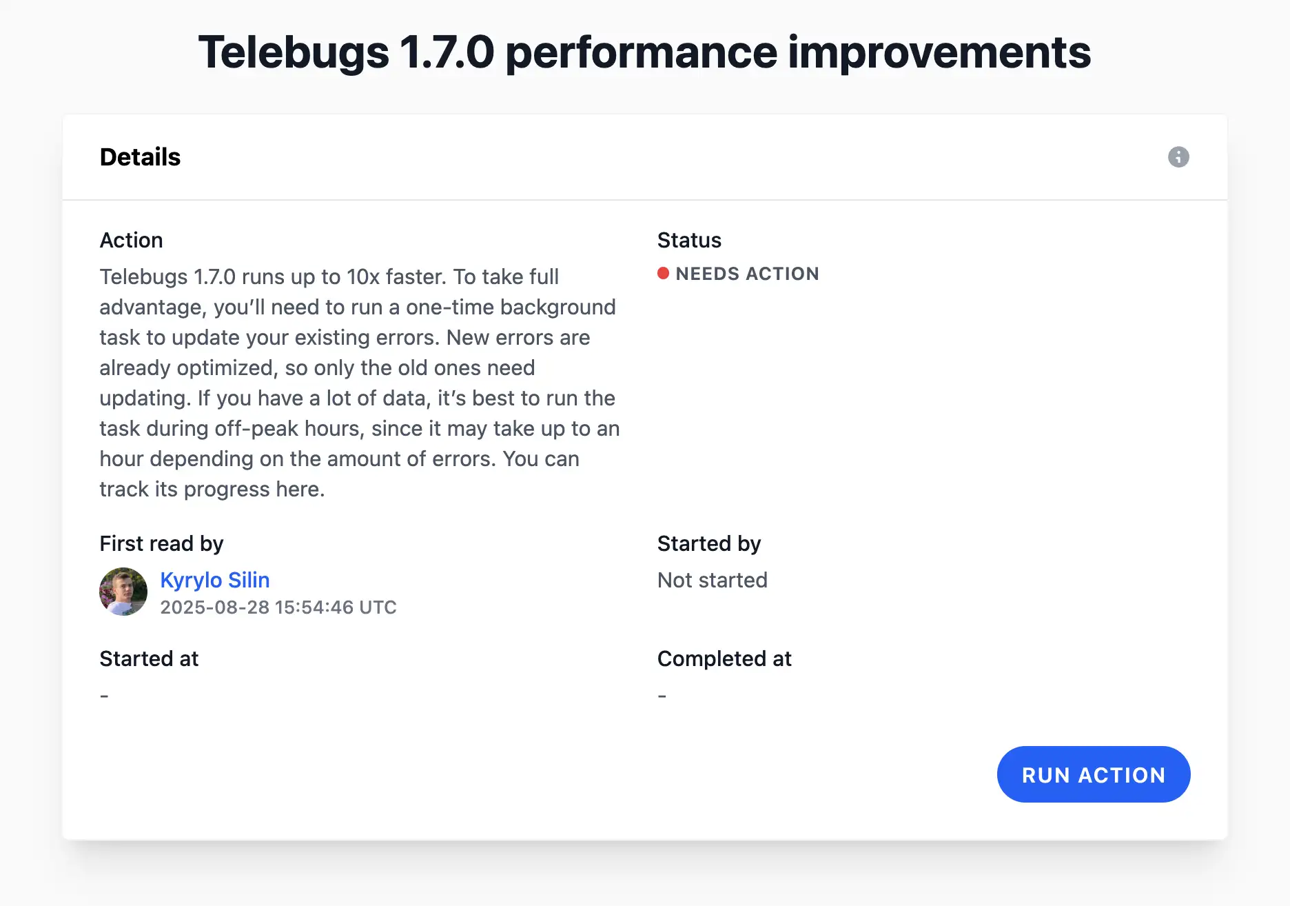 Service Message details page with run button