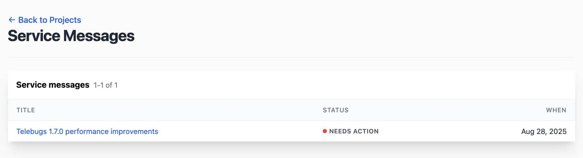Service Messages index page with one message