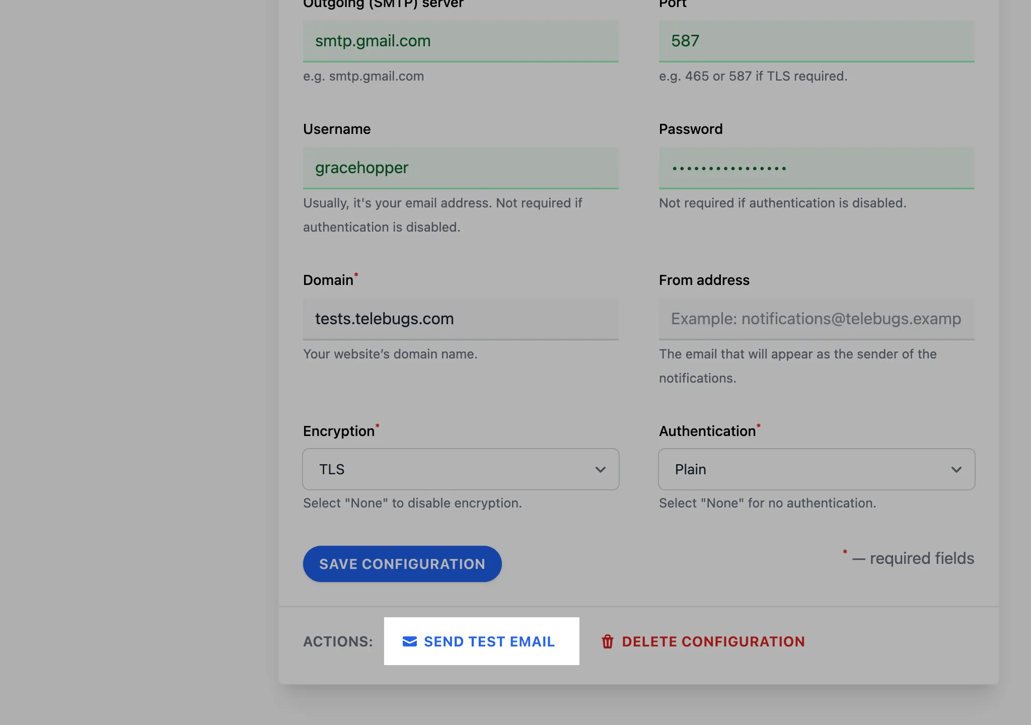 Send test email button