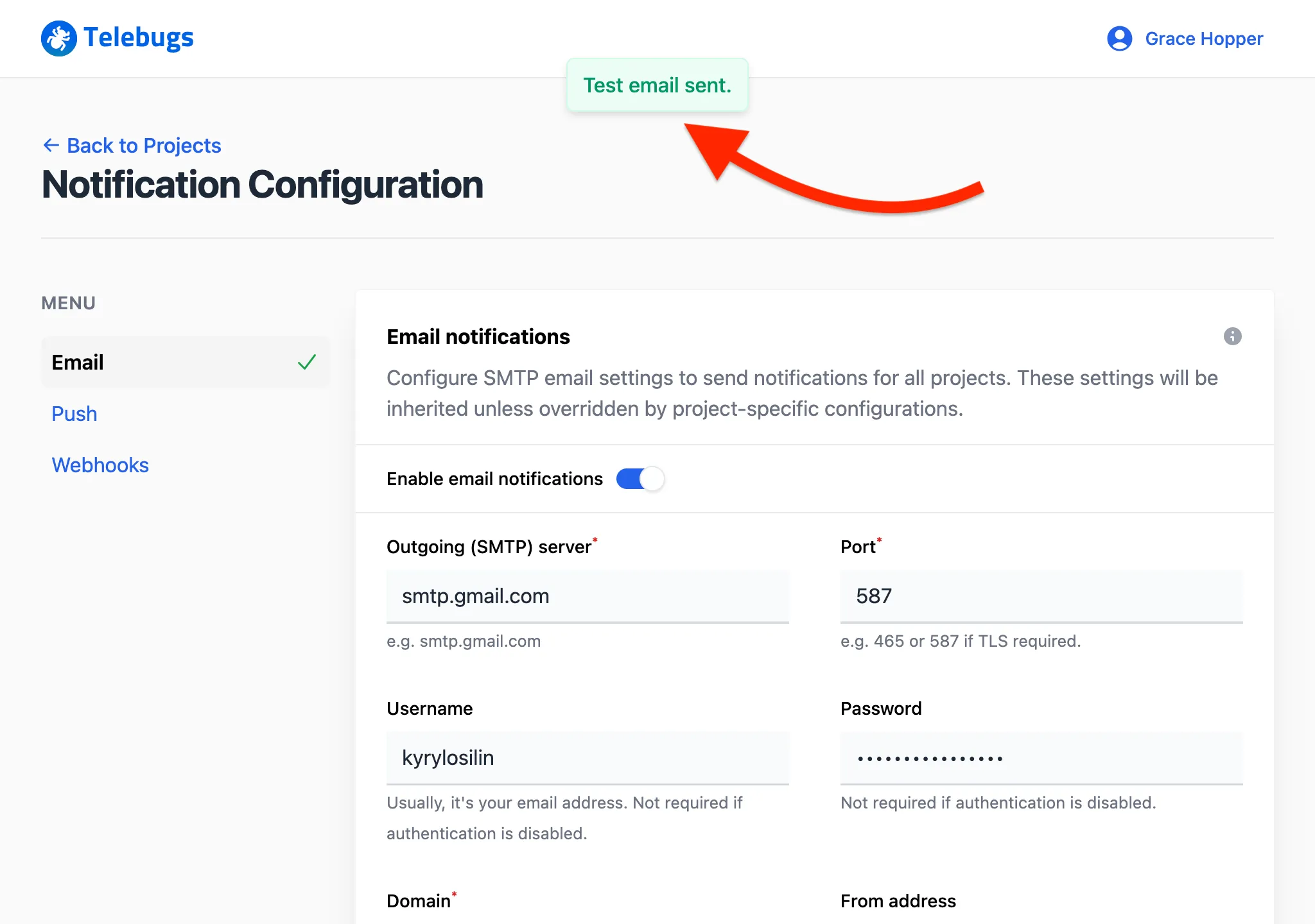 Test email sent confirmation
