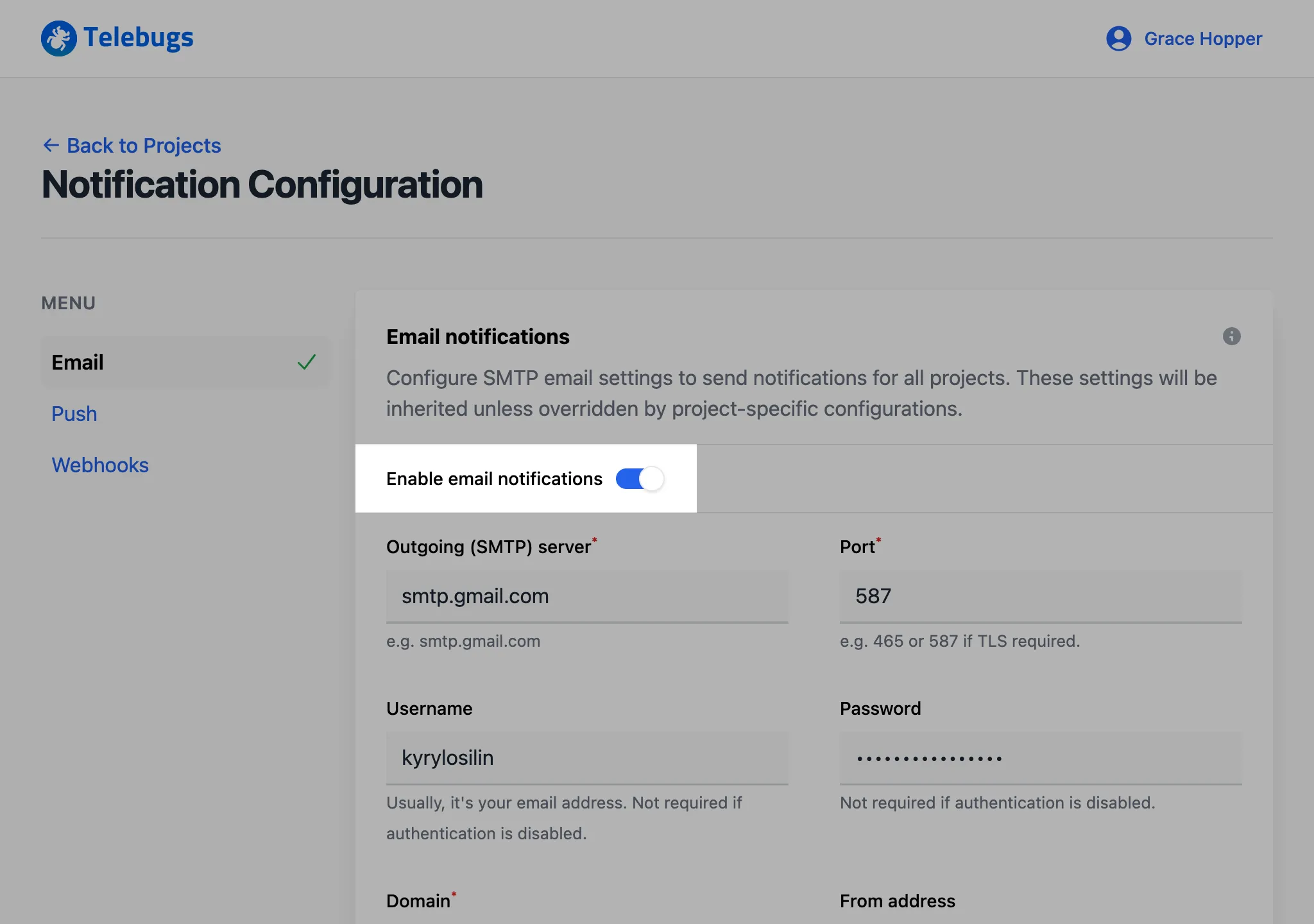 Enable email notifications toggle