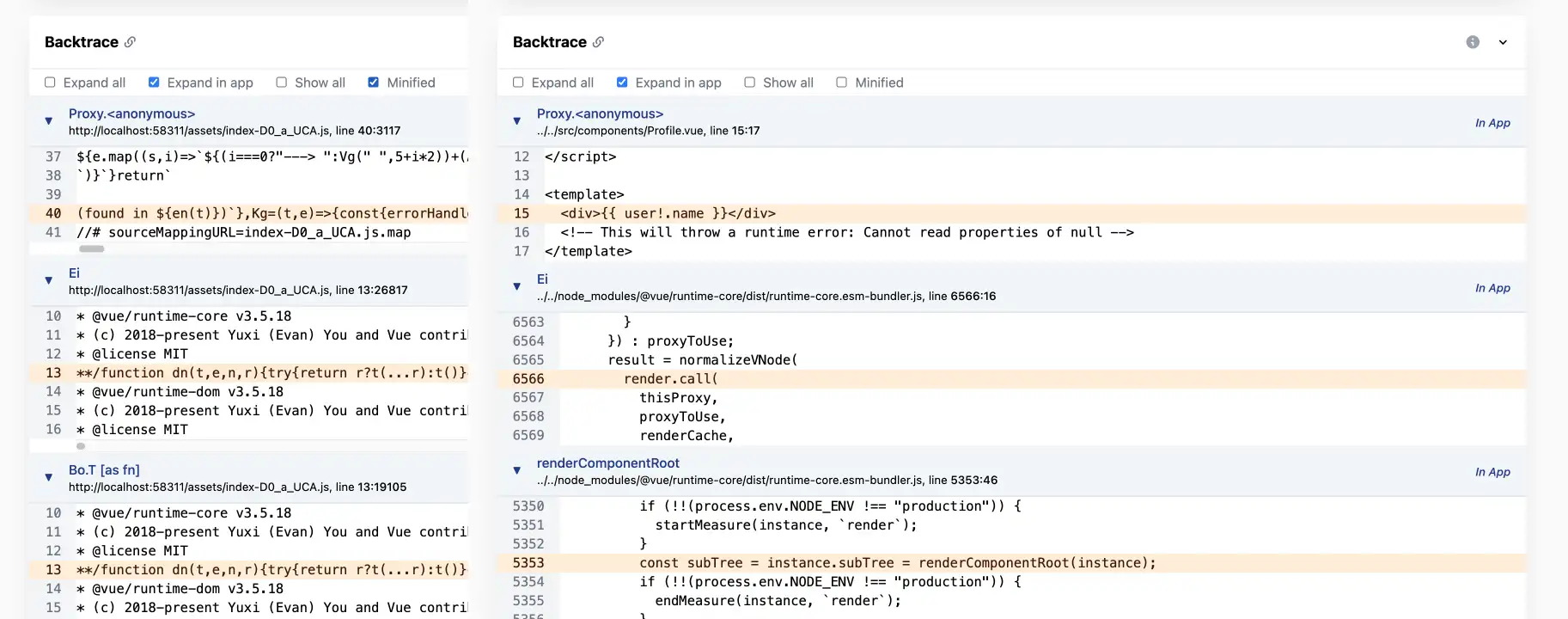 Before and after minified vs. resolved backtrace with source maps