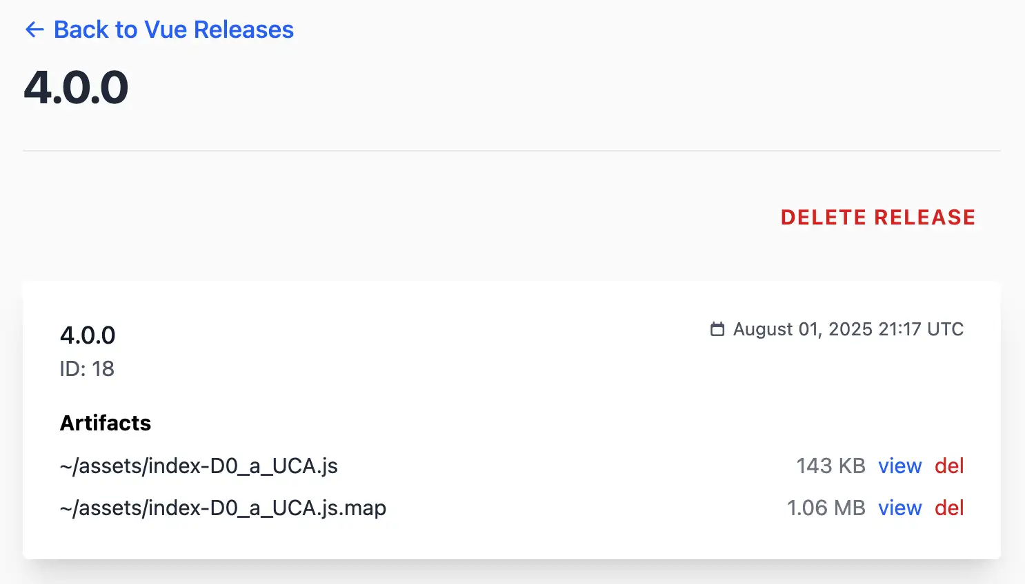Individual release view with
artifact view and delete option