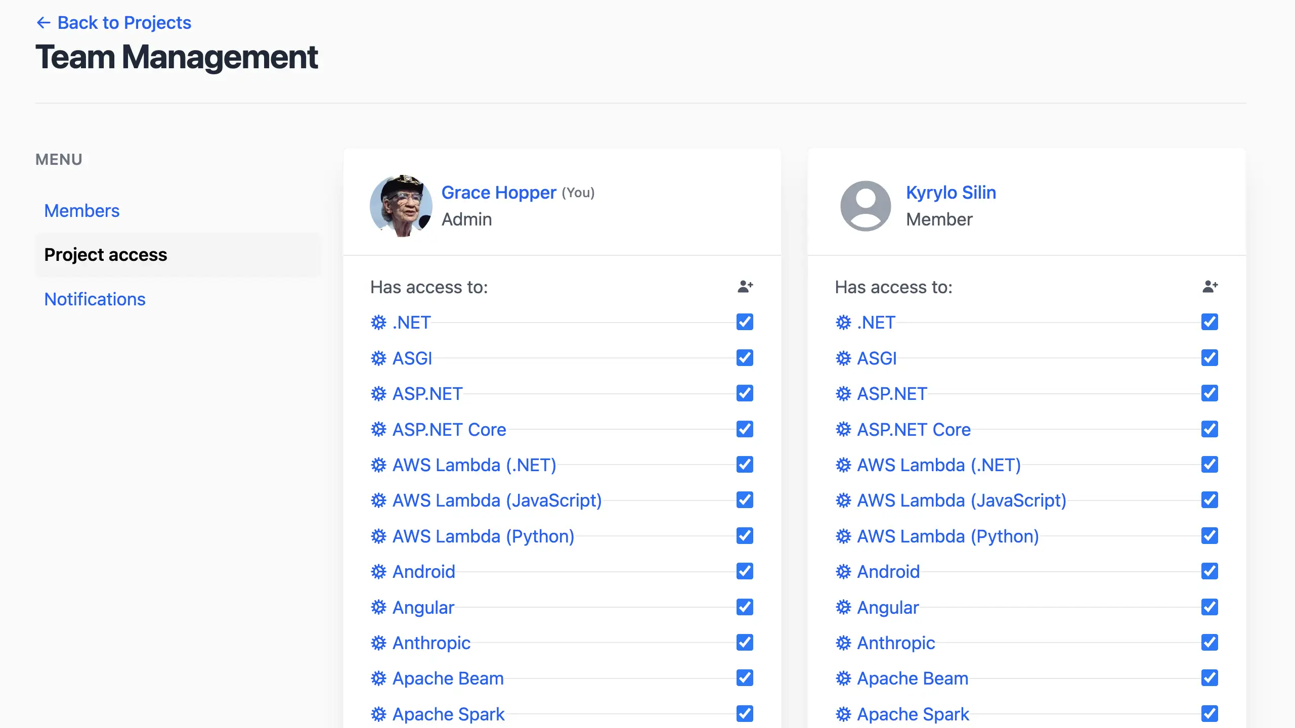 Project access section