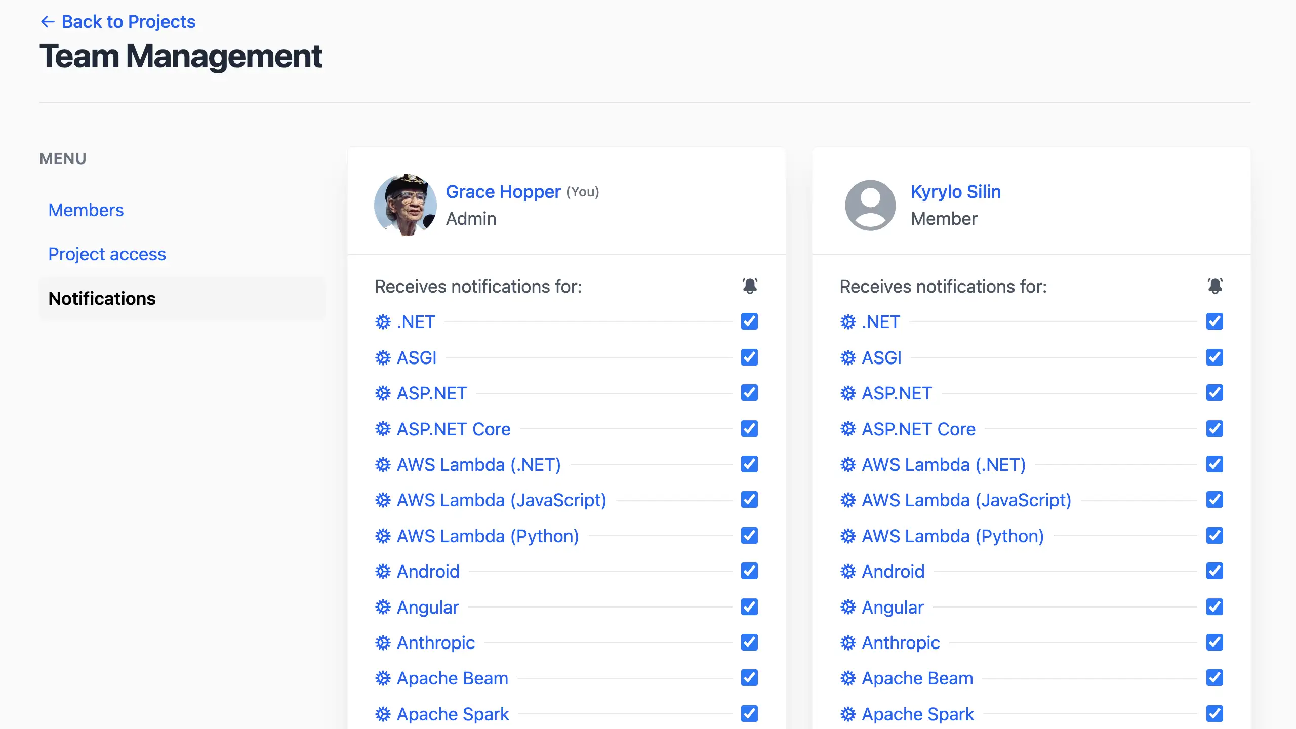 Team notifications section
