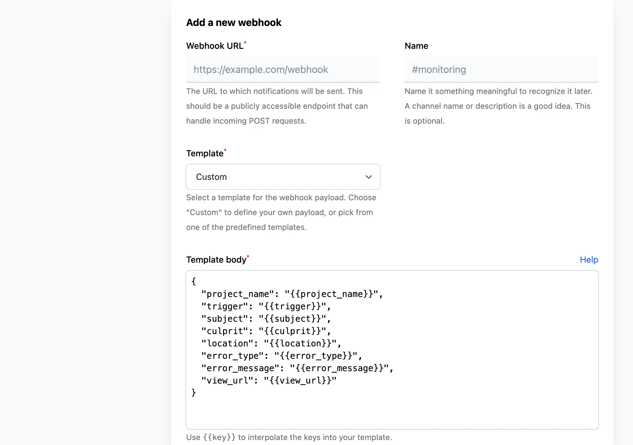 Add a new webhook form