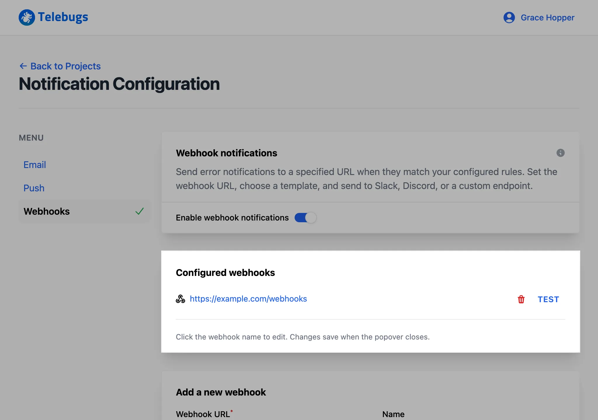 Configured webhooks section