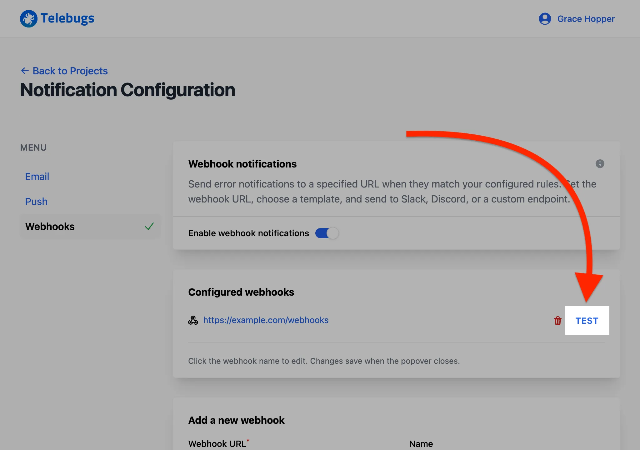 Test webhook button