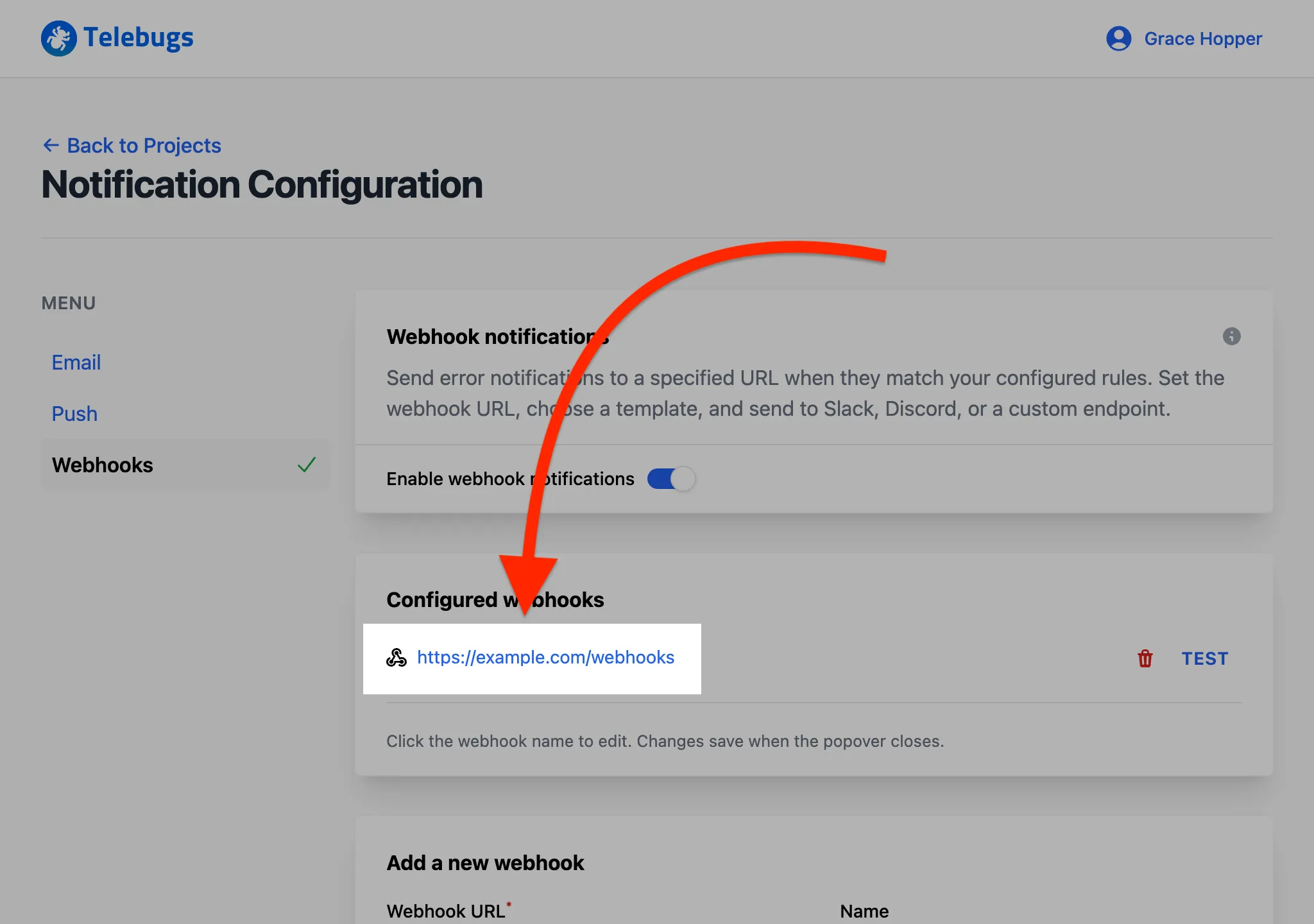 Edit webhook popup