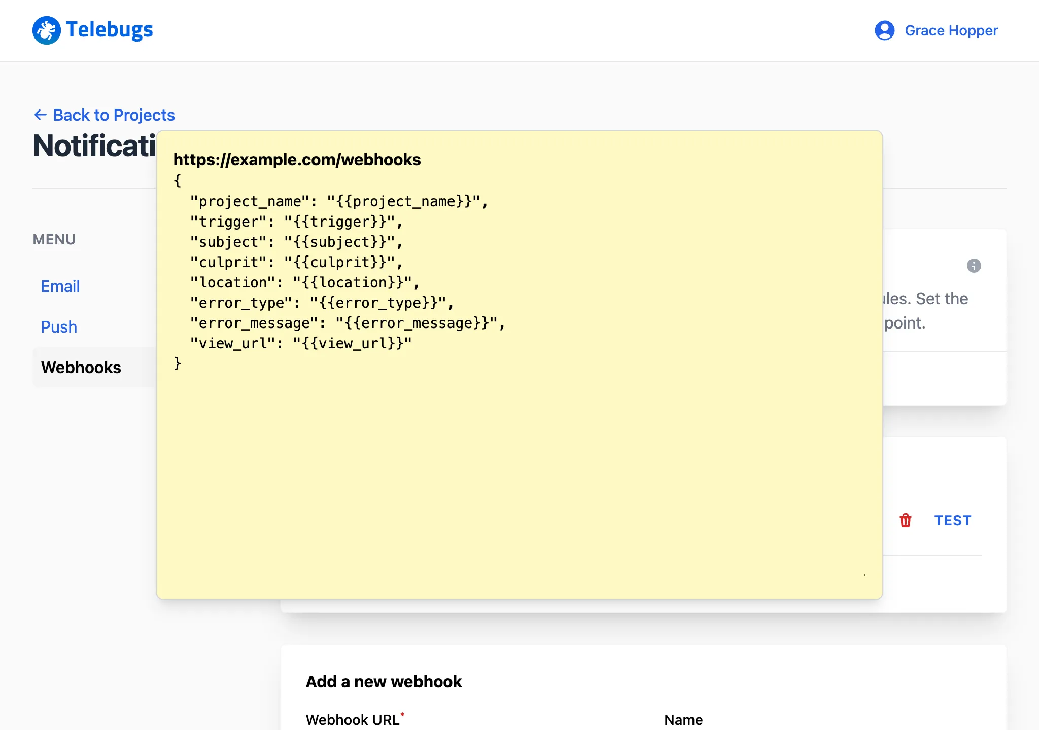 Edit webhook popup with template body